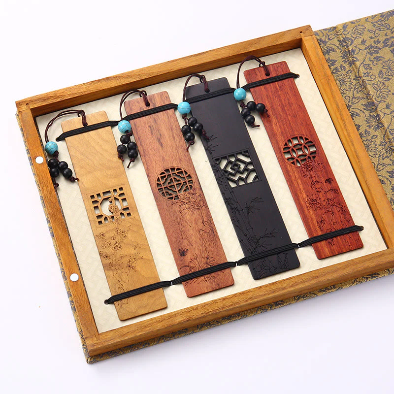 Buddha Stones 4 pezzi Quattro stagioni prugna orchidea bambù crisantemo maschera dell'opera di Pechino segnalibri in legno con scatola regalo - Image 18