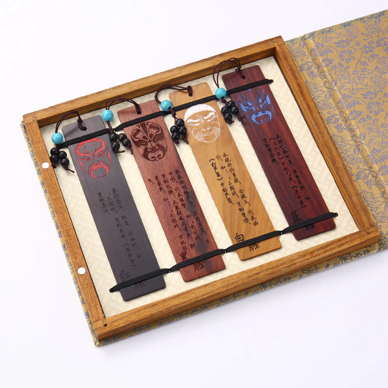 Buddha Stones 4 pezzi Quattro stagioni prugna orchidea bambù crisantemo maschera dell'opera di Pechino segnalibri in legno con scatola regalo - Image 19