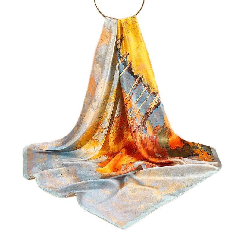 Buddha Stones Dipinto ad olio Città Scena innevata Castello Loto 100% seta di gelso Sciarpa per capelli al collo - Image 5