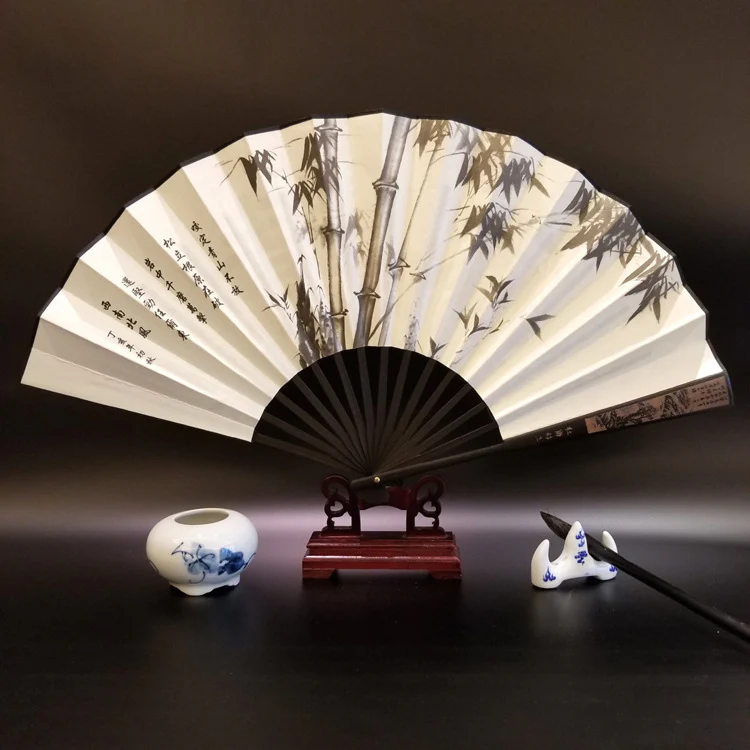 Buddha Stones Grande Muraglia Montagne Alberi Gru Bambù Ventilatore pieghevole in bambù portatile 33,5 cm - Image 7