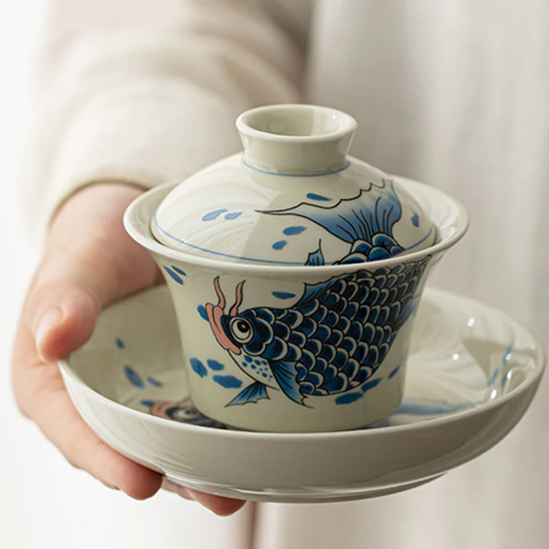 Buddha Stones Koi Fish Arowana Ceramica Gaiwan Sancai Tazza da tè Kung Fu Tazza da tè con coperchio 130ml - Image 18