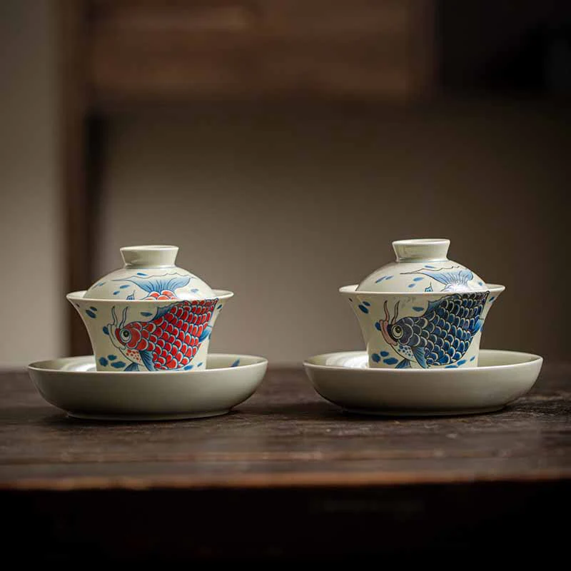 Buddha Stones Koi Fish Arowana Ceramica Gaiwan Sancai Tazza da tè Kung Fu Tazza da tè con coperchio 130ml - Image 25