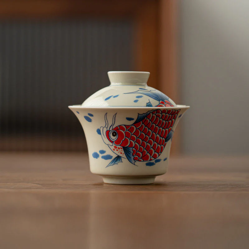 Buddha Stones Koi Fish Arowana Ceramica Gaiwan Sancai Tazza da tè Kung Fu Tazza da tè con coperchio 130ml - Image 26