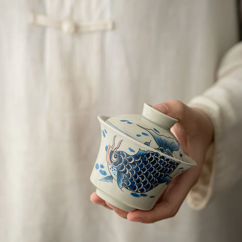 Buddha Stones Koi Fish Arowana Ceramica Gaiwan Sancai Tazza da tè Kung Fu Tazza da tè con coperchio 130ml - Image 32