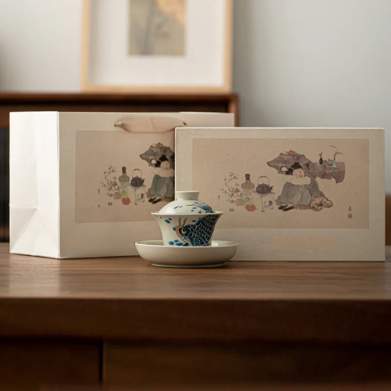 Buddha Stones Koi Fish Arowana Ceramica Gaiwan Sancai Tazza da tè Kung Fu Tazza da tè con coperchio 130ml - Image 34