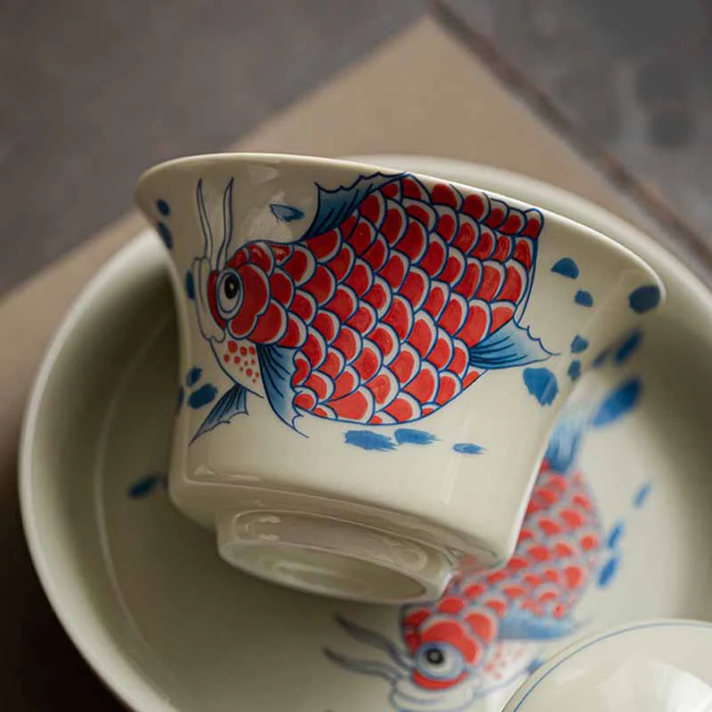 Buddha Stones Koi Fish Arowana Ceramica Gaiwan Sancai Tazza da tè Kung Fu Tazza da tè con coperchio 130ml - Image 5