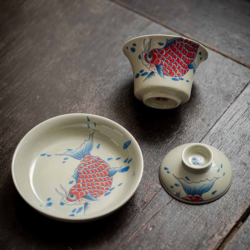 Buddha Stones Koi Fish Arowana Ceramica Gaiwan Sancai Tazza da tè Kung Fu Tazza da tè con coperchio 130ml - Image 6