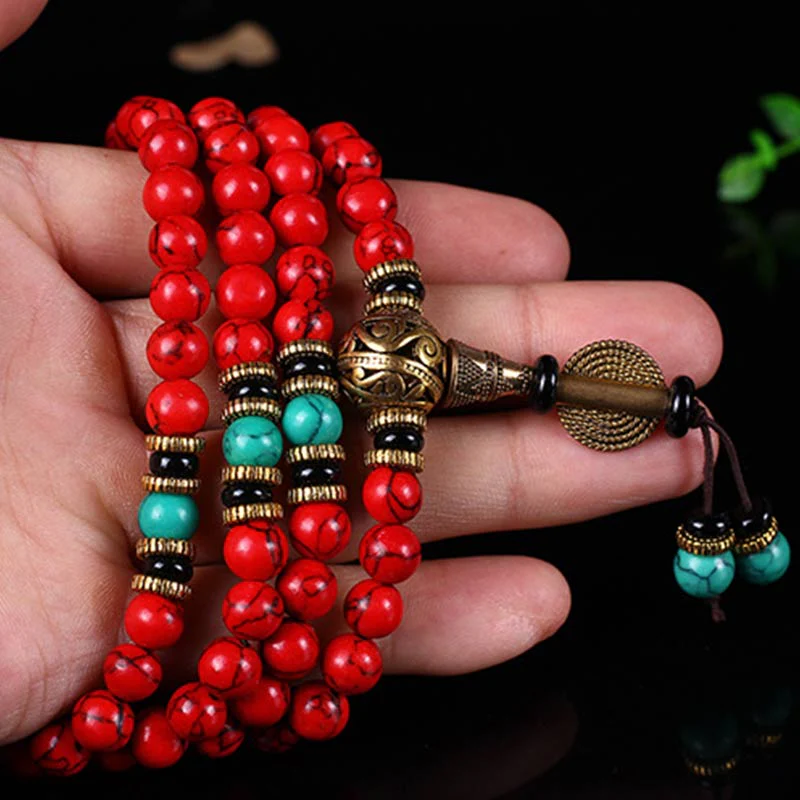 Buddha Stones Mala Tibetano Turchese Rosso Collana Fortunata Bracciale - Image 10