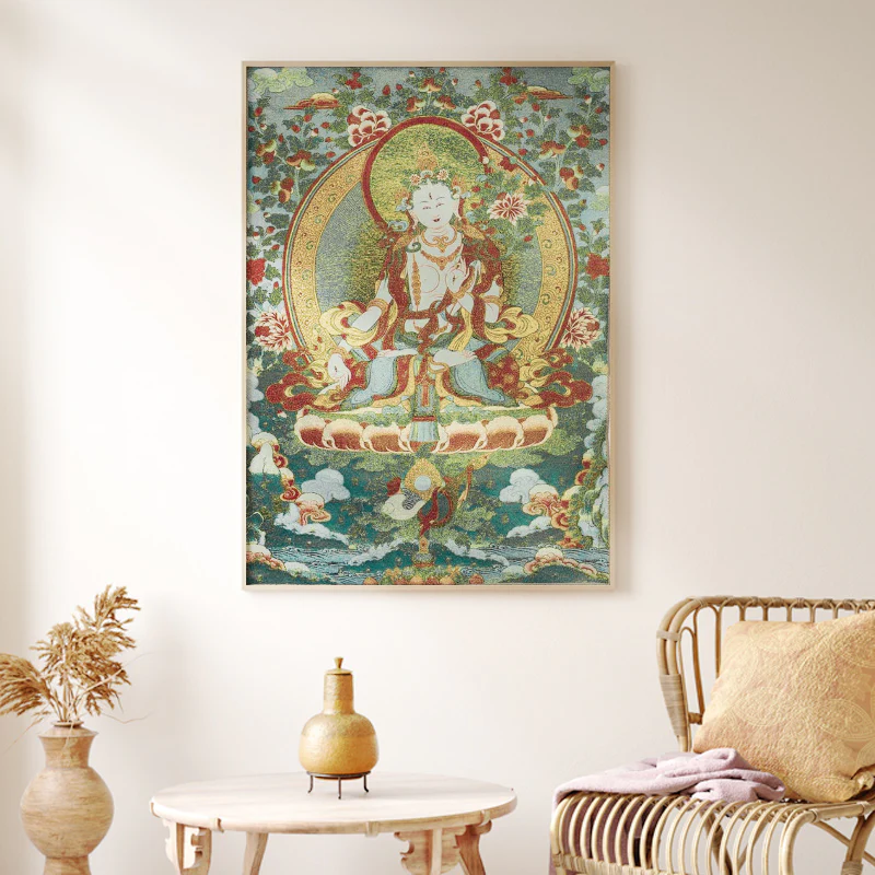 Buddha Stones Ricamo Tibetano Tara Bianca Thangka Arazzo Appeso a Parete Arte della Parete Meditazione per la Decorazione della Casa - Image 10