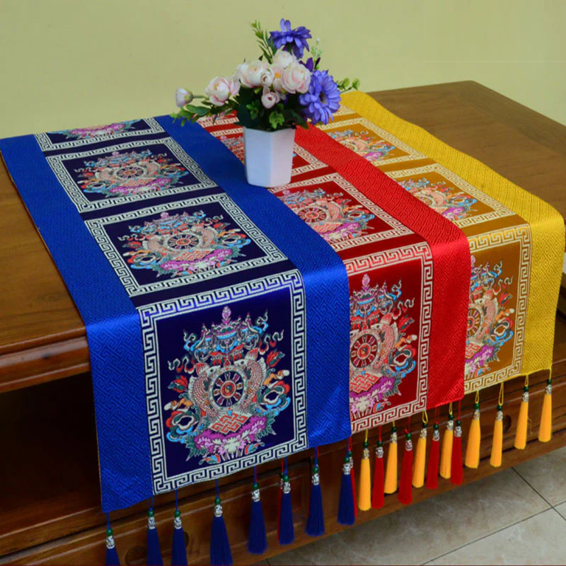 Buddha Stones Tappetino per l'altare della preghiera Man-Bcu Kalachakra Nodo infinito Vajra Simboli tibetani di buon auspicio Nappe Runner da tavolo - Image 3