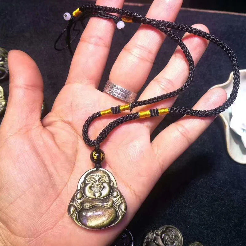 Collana con ciondolo Buddha Stones Laughing Buddha in ossidiana dorata e lucente, ricchezza - Image 4