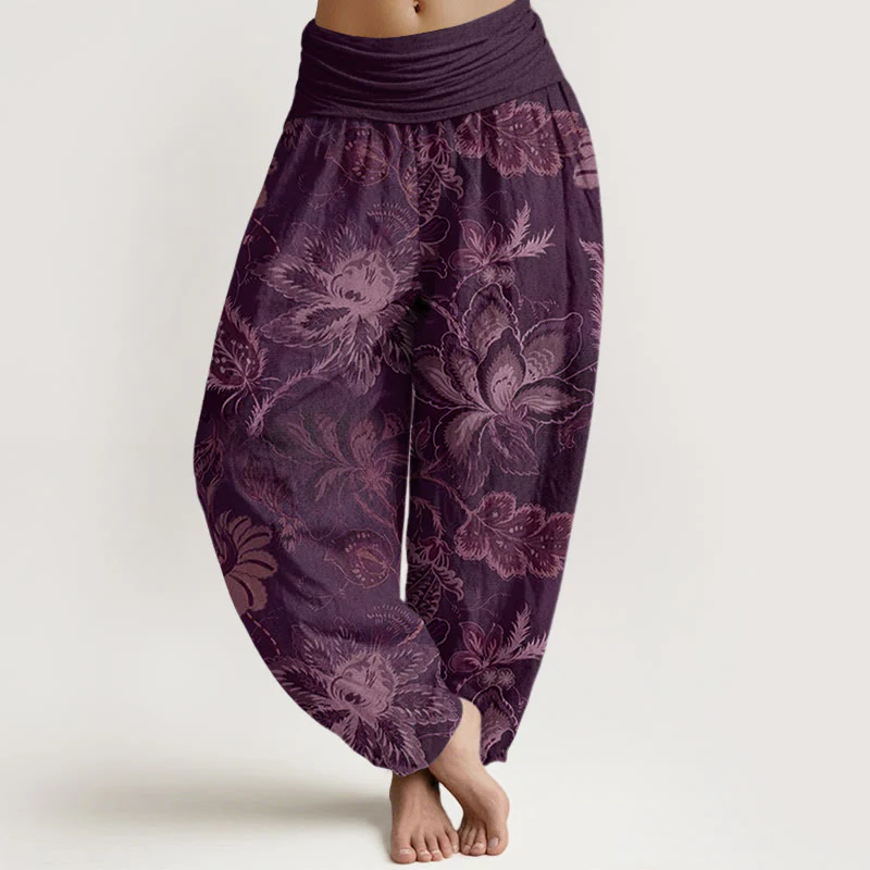 Pantaloni harem da donna con elastico in vita, in cotone, casual, con motivo floreale e foglie, motivo Buddha Stones - Image 8