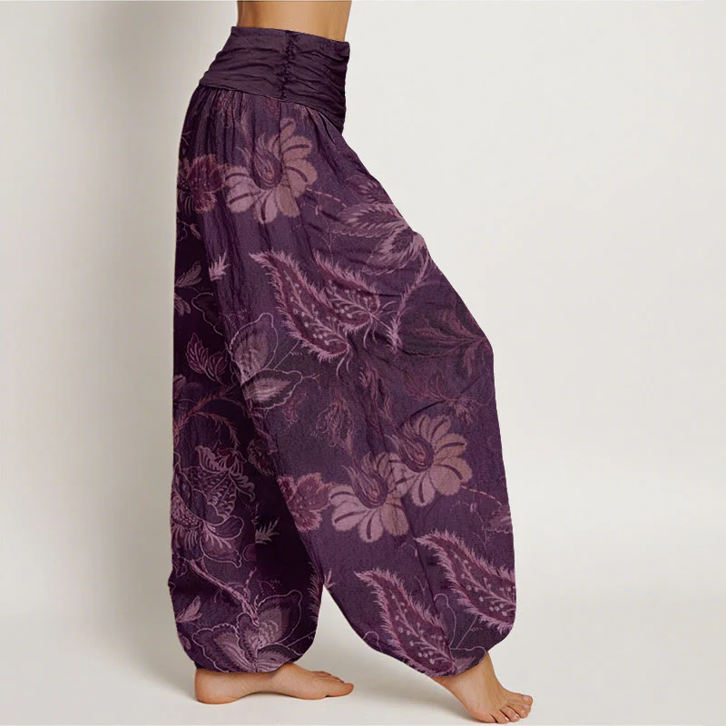 Pantaloni harem da donna con elastico in vita, in cotone, casual, con motivo floreale e foglie, motivo Buddha Stones - Image 9