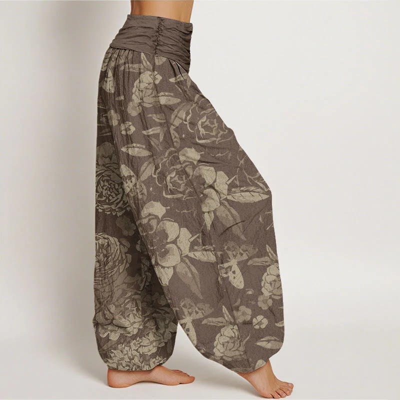 Pantaloni harem da donna con elastico in vita, in cotone, casual, con fiori di peonia e foglie, motivo Buddha Stones - Image 6