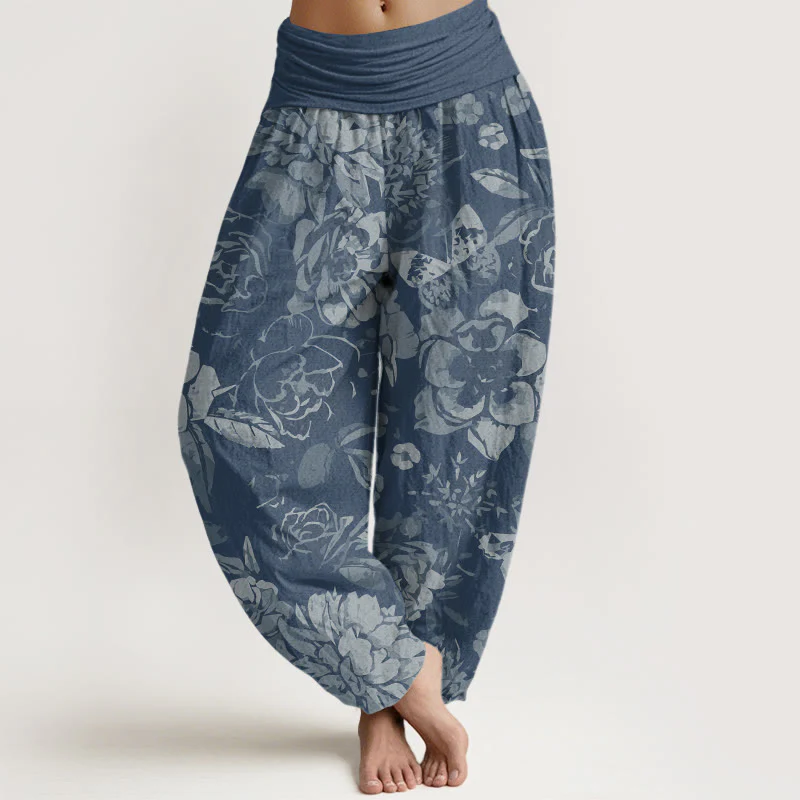 Pantaloni harem da donna con elastico in vita, in cotone, casual, con fiori di peonia e foglie, motivo Buddha Stones - Image 8