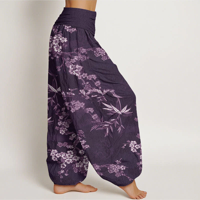 Pantaloni harem da donna con elastico in vita, in cotone bianco con motivo floreale Sakura, modello Buddha Stones - Image 6