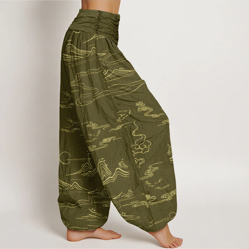 Pantaloni harem da donna con elastico in vita, motivo Buddha Stones Cotton Mountain Moon e nuvole di buon auspicio - Image 12