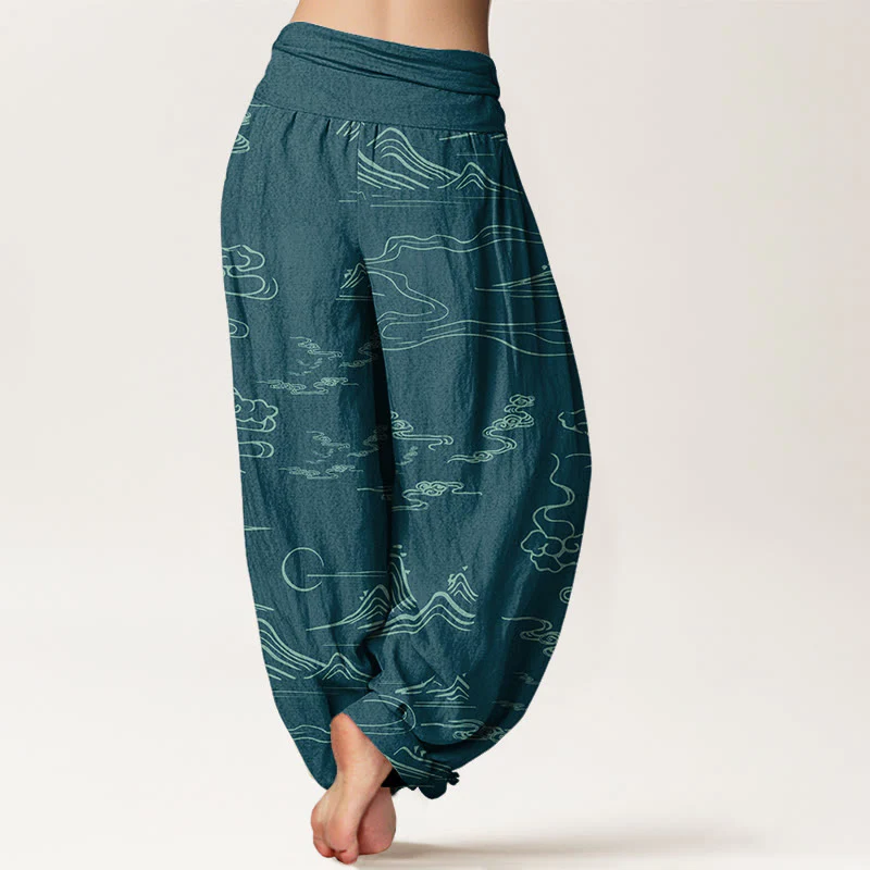 Pantaloni harem da donna con elastico in vita, motivo Buddha Stones Cotton Mountain Moon e nuvole di buon auspicio - Image 16