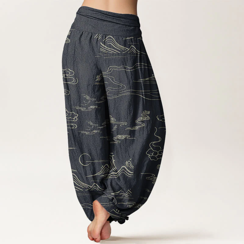Pantaloni harem da donna con elastico in vita, motivo Buddha Stones Cotton Mountain Moon e nuvole di buon auspicio - Image 3