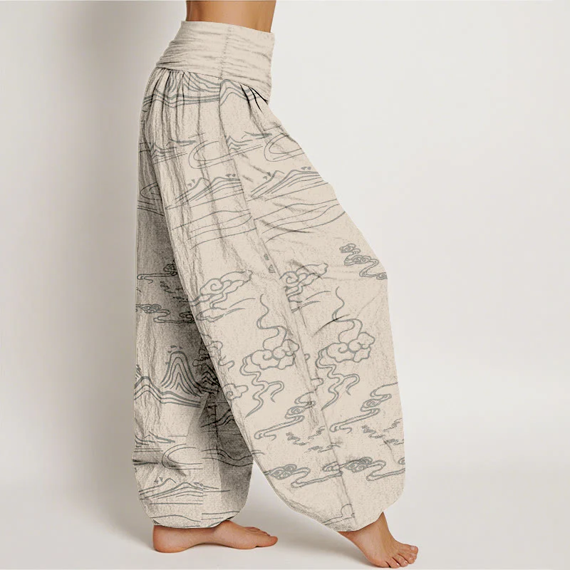 Pantaloni harem da donna con elastico in vita, motivo Buddha Stones Cotton Mountain Moon e nuvole di buon auspicio - Image 9