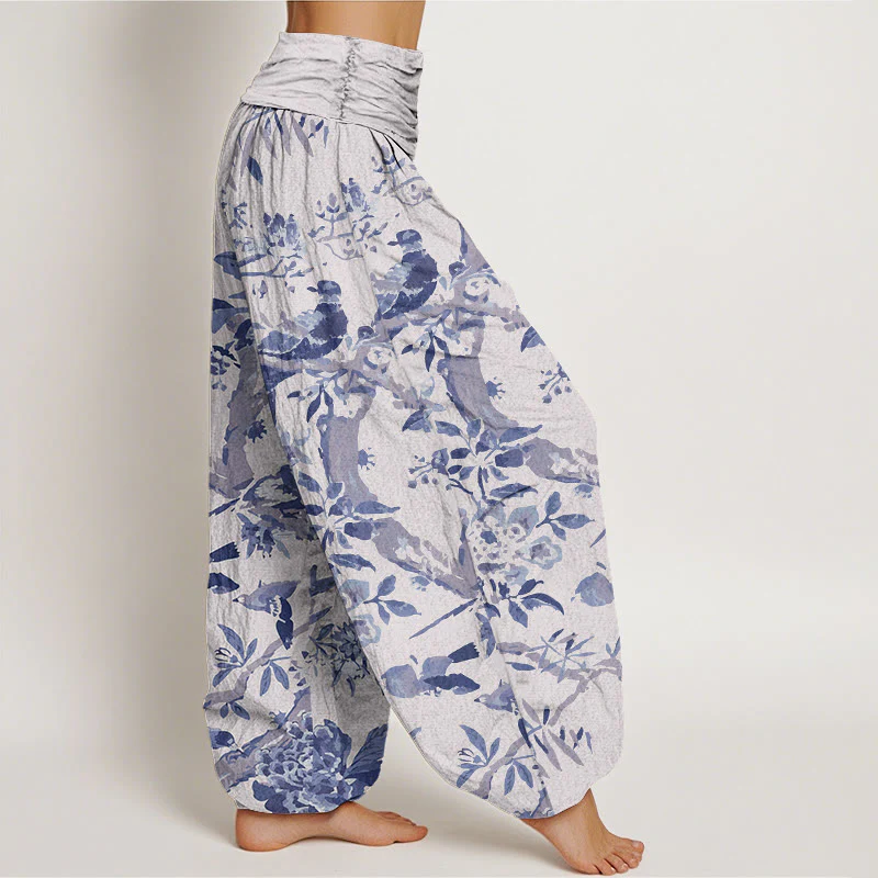Pantaloni harem da donna con elastico in vita, motivo Buddha Stones Cotton Birds Branch Flowers - Image 10