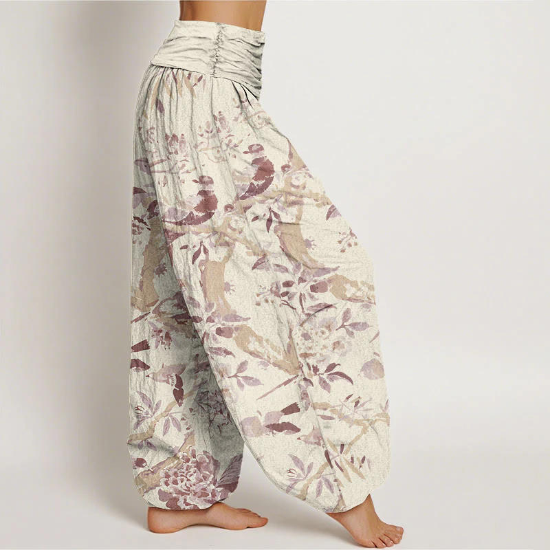 Pantaloni harem da donna con elastico in vita, motivo Buddha Stones Cotton Birds Branch Flowers - Image 7