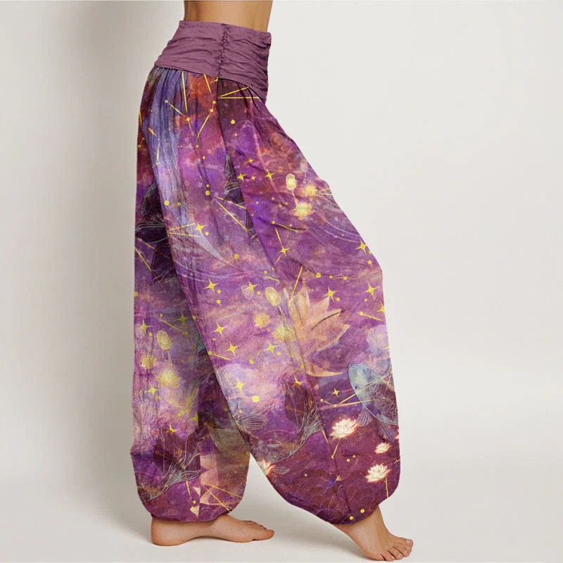 Pantaloni harem da donna con elastico in vita, in cotone, con motivo a pesce koi, loto, luna e stelle, motivo Buddha Stones - Image 6