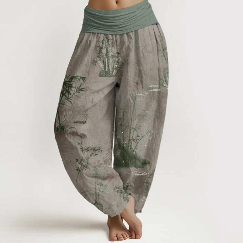 Pantaloni harem da donna con elastico in vita, in cotone, casual, in bambù, con pittura a inchiostro e pietre Buddha Stones - Image 5