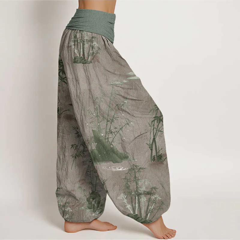 Pantaloni harem da donna con elastico in vita, in cotone, casual, in bambù, con pittura a inchiostro e pietre Buddha Stones - Image 6