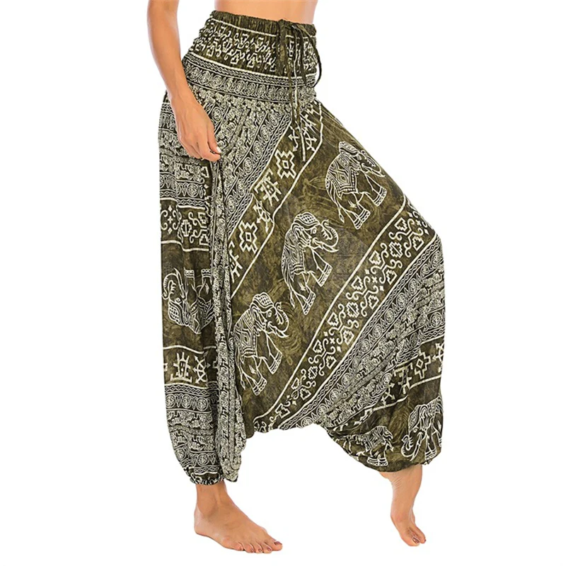 Pantaloni harem larghi e arricciati con motivo a elefante, tuta da yoga da donna, stile Buddha Stones, due stili - Image 10