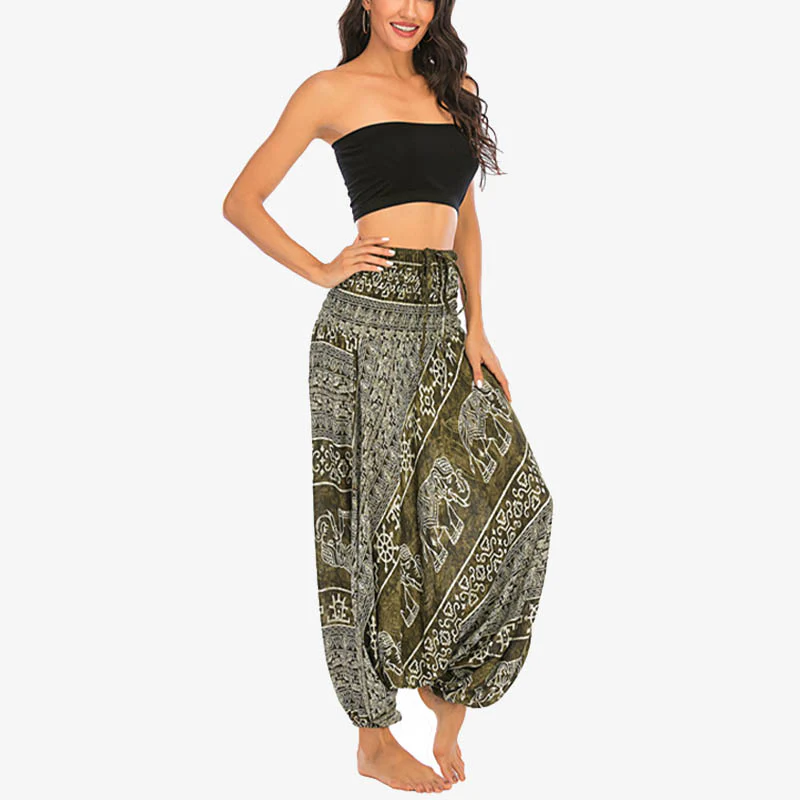 Pantaloni harem larghi e arricciati con motivo a elefante, tuta da yoga da donna, stile Buddha Stones, due stili - Image 15