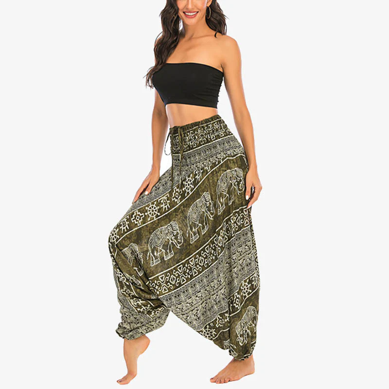Pantaloni harem larghi e arricciati con motivo a elefante, tuta da yoga da donna, stile Buddha Stones, due stili - Image 16