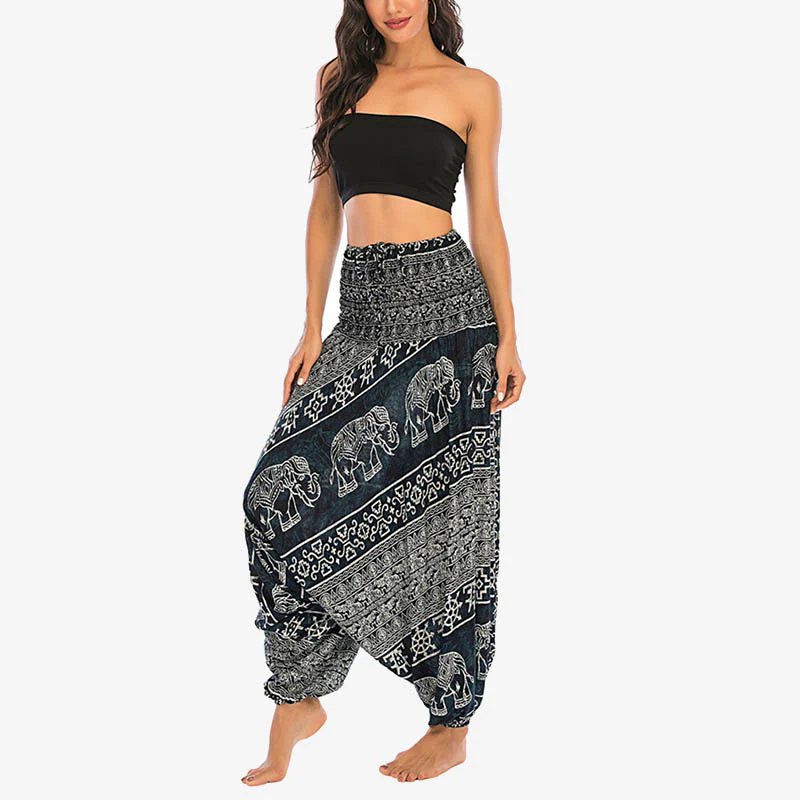 Pantaloni harem larghi e arricciati con motivo a elefante, tuta da yoga da donna, stile Buddha Stones, due stili - Image 27