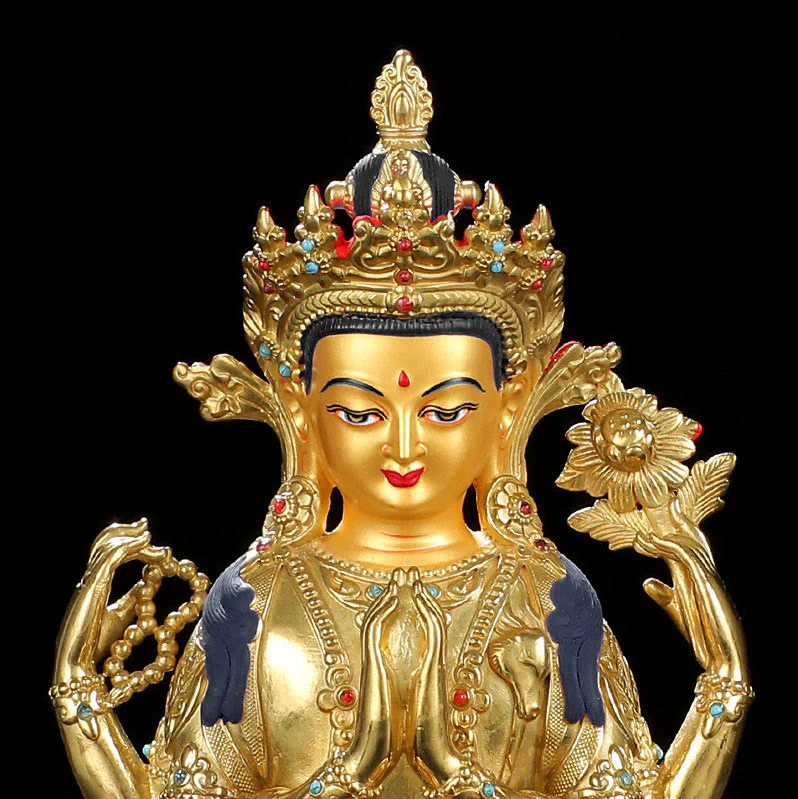 Statua di protezione di Avalokitesvara a quattro braccia di Chenrezig, placcata in oro e rame - Image 10
